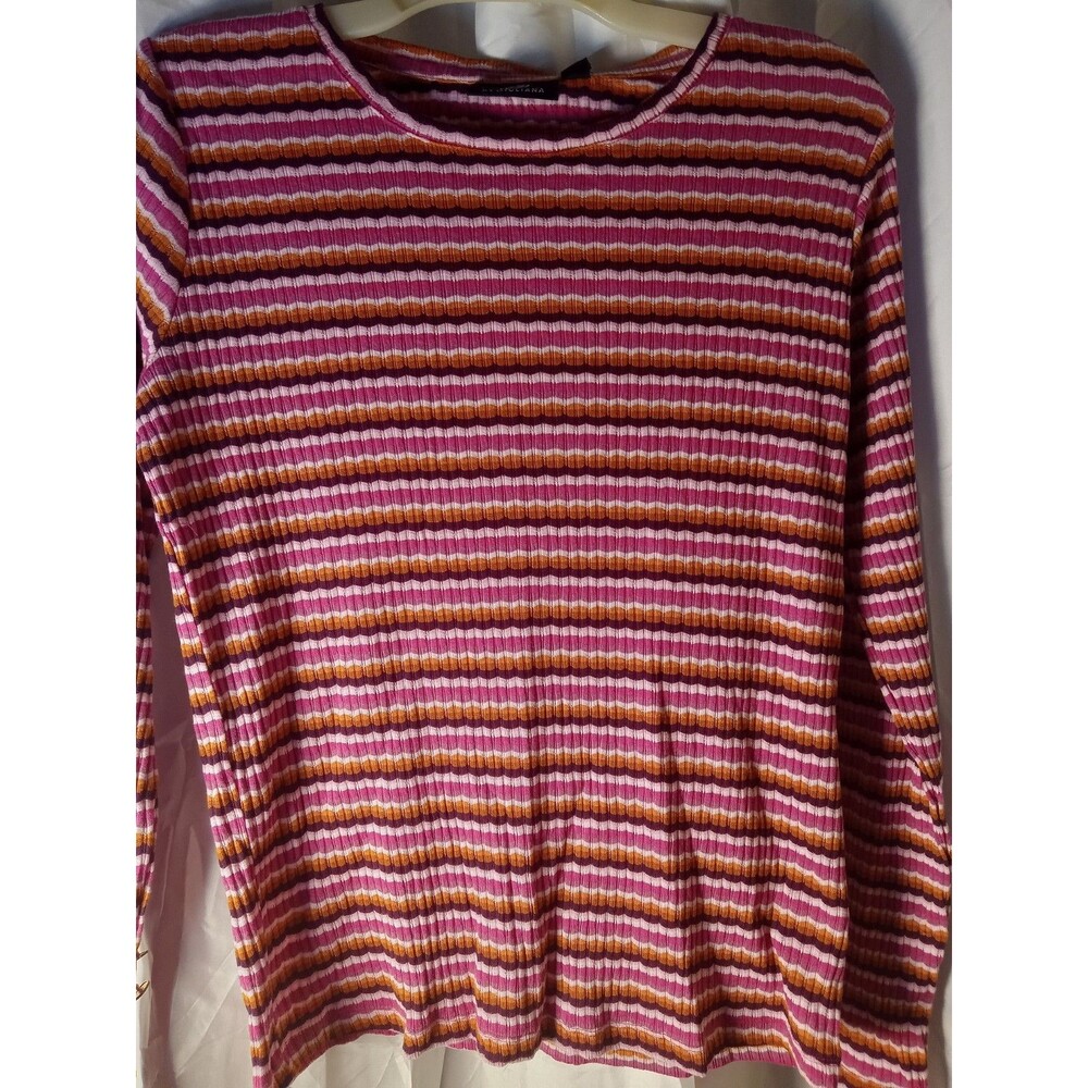 Large G by Giuliana Striped Rib Knit Long Slit Sleeve Top